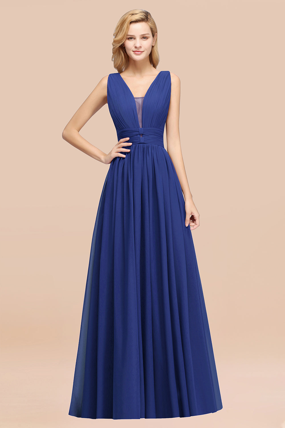 Modest Dark Green Long Bridesmaid Dress Deep V-Neck Chiffon Maid of Honor Dress