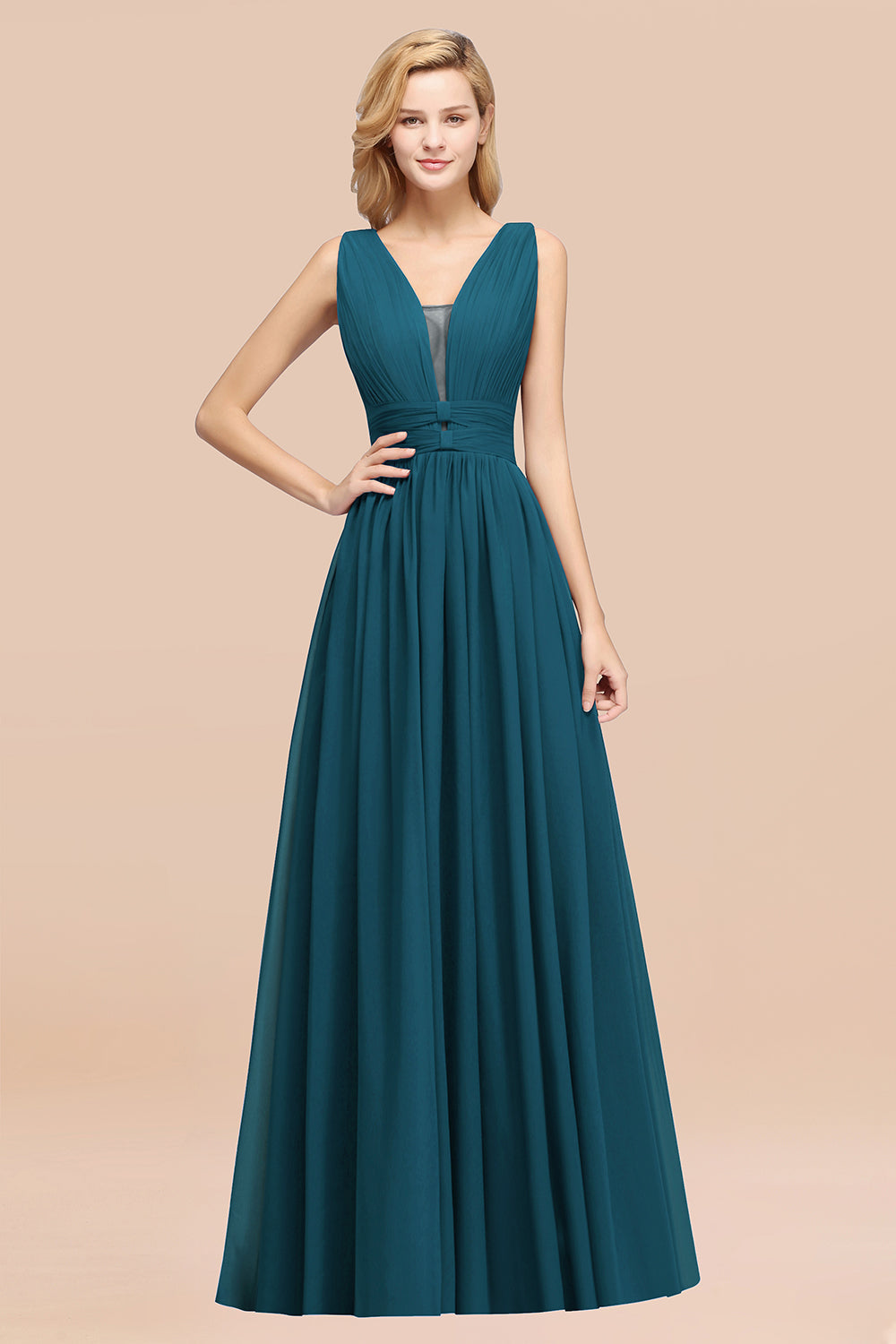 Modest Dark Green Long Bridesmaid Dress Deep V-Neck Chiffon Maid of Honor Dress