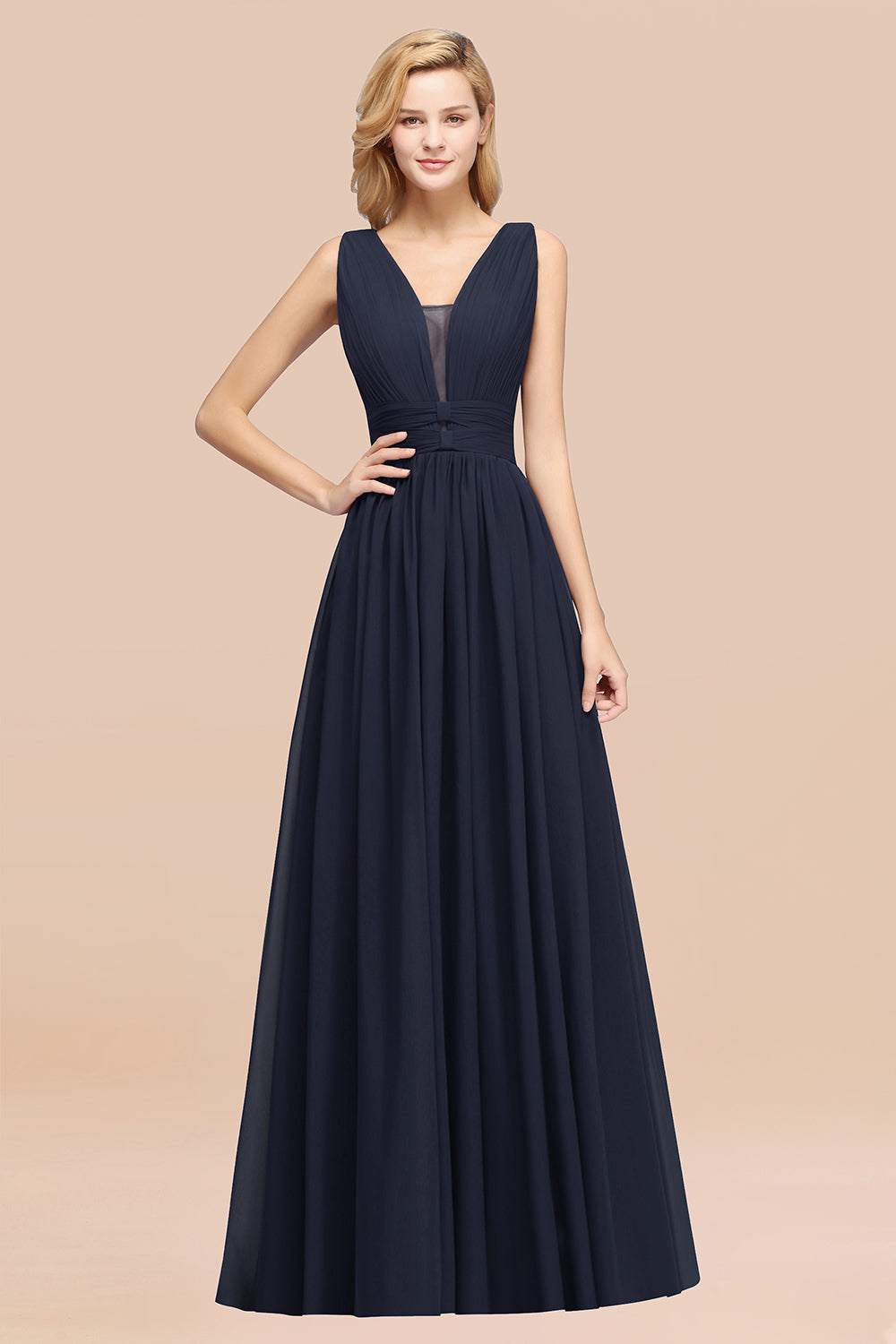 Modest Dark Green Long Bridesmaid Dress Deep V-Neck Chiffon Maid of Honor Dress