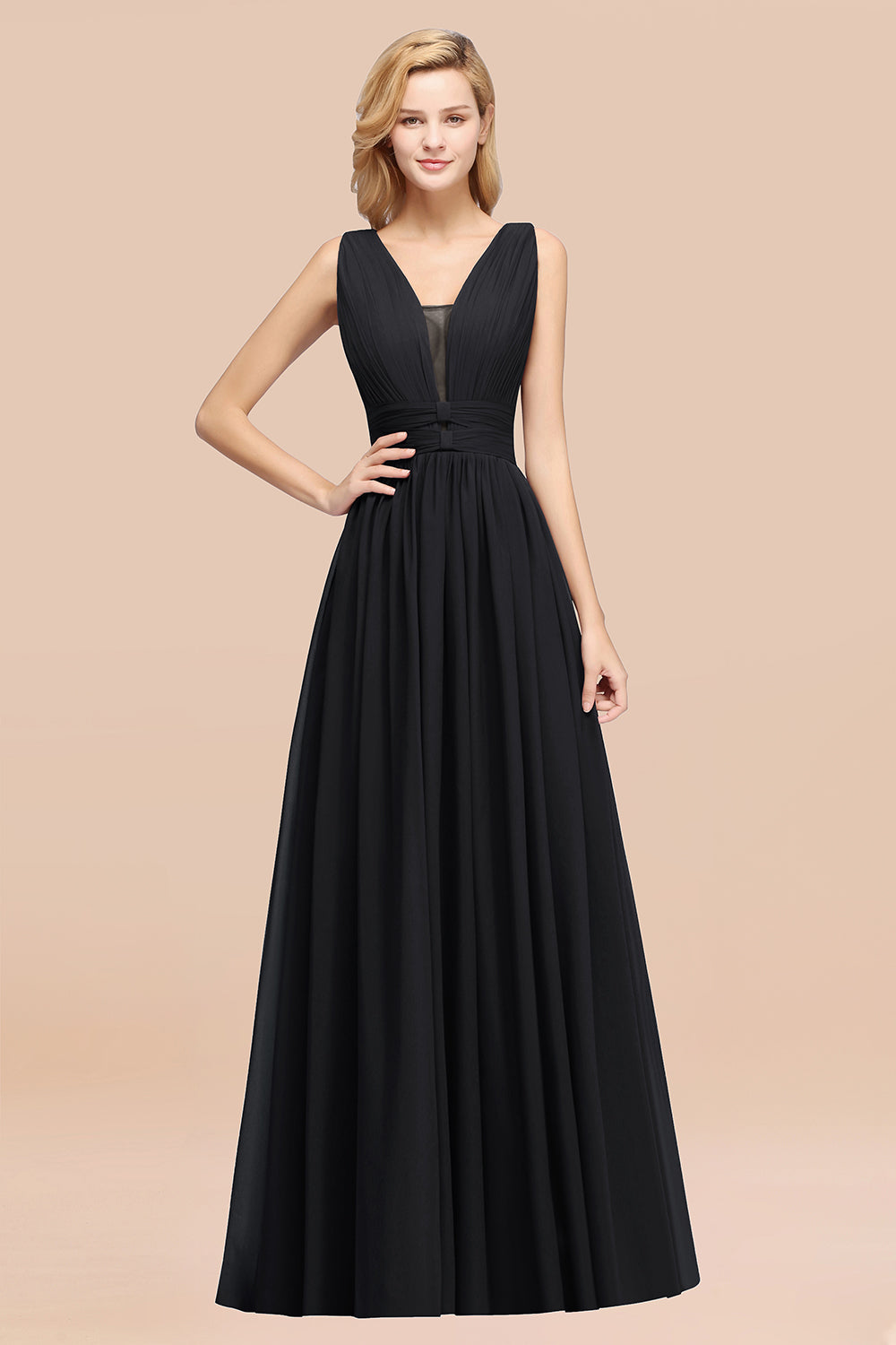 Modest Dark Green Long Bridesmaid Dress Deep V-Neck Chiffon Maid of Honor Dress