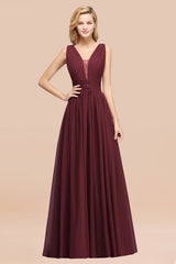 Modest Dark Green Long Bridesmaid Dress Deep V-Neck Chiffon Maid of Honor Dress