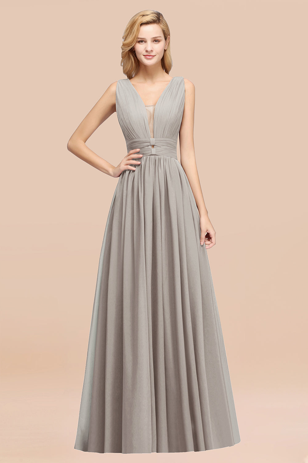 Modest Dark Green Long Bridesmaid Dress Deep V-Neck Chiffon Maid of Honor Dress