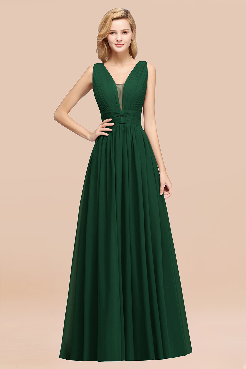 Modest Dark Green Long Bridesmaid Dress Deep V-Neck Chiffon Maid of Honor Dress