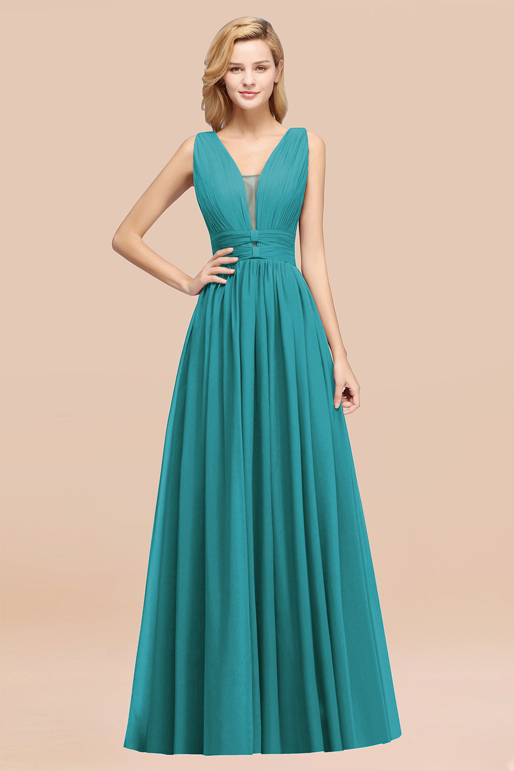 Modest Dark Green Long Bridesmaid Dress Deep V-Neck Chiffon Maid of Honor Dress
