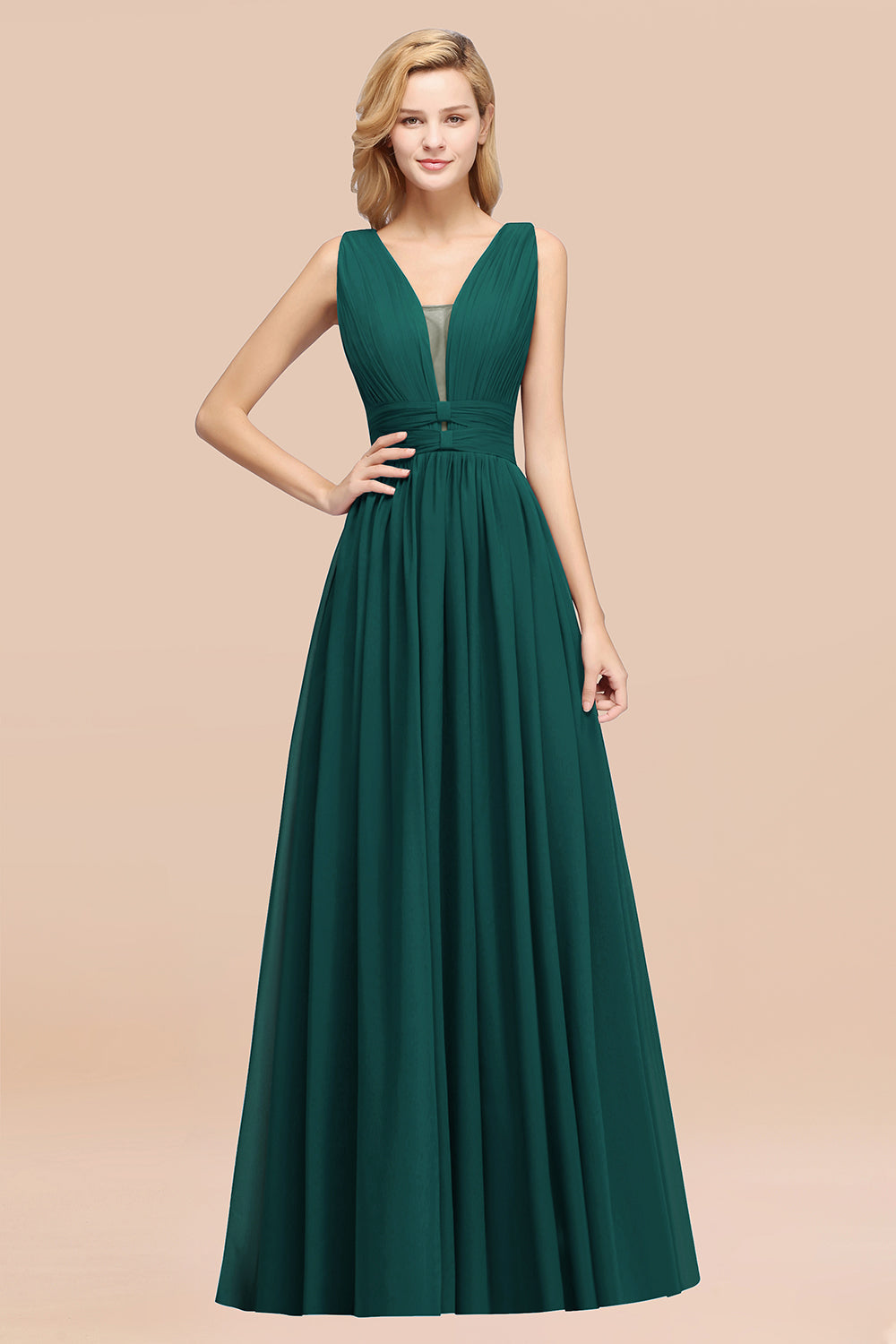 Modest Dark Green Long Bridesmaid Dress Deep V-Neck Chiffon Maid of Honor Dress