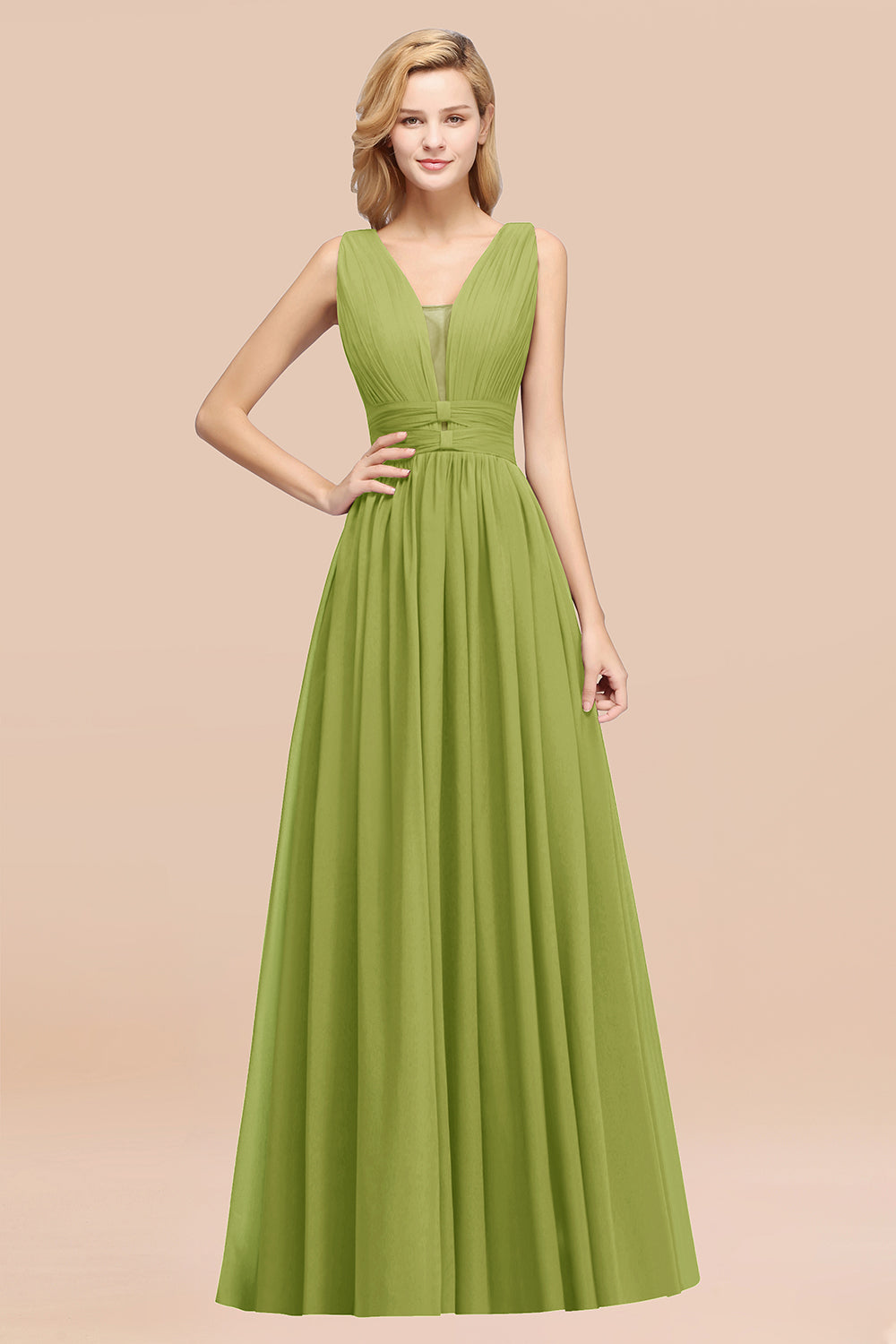 Modest Dark Green Long Bridesmaid Dress Deep V-Neck Chiffon Maid of Honor Dress