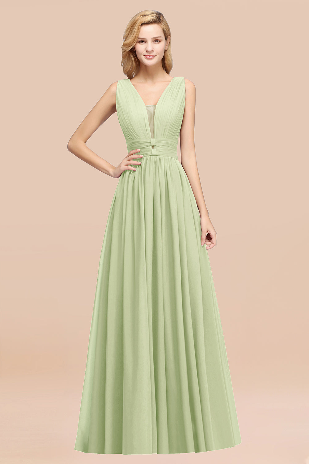 Modest Dark Green Long Bridesmaid Dress Deep V-Neck Chiffon Maid of Honor Dress