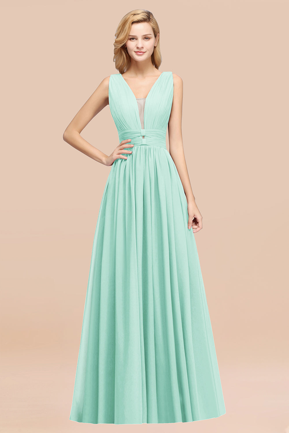 Modest Dark Green Long Bridesmaid Dress Deep V-Neck Chiffon Maid of Honor Dress