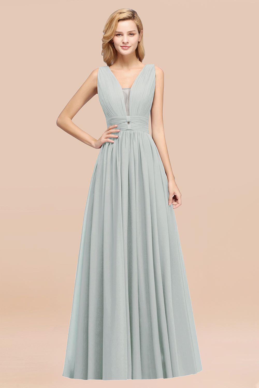 Modest Dark Green Long Bridesmaid Dress Deep V-Neck Chiffon Maid of Honor Dress