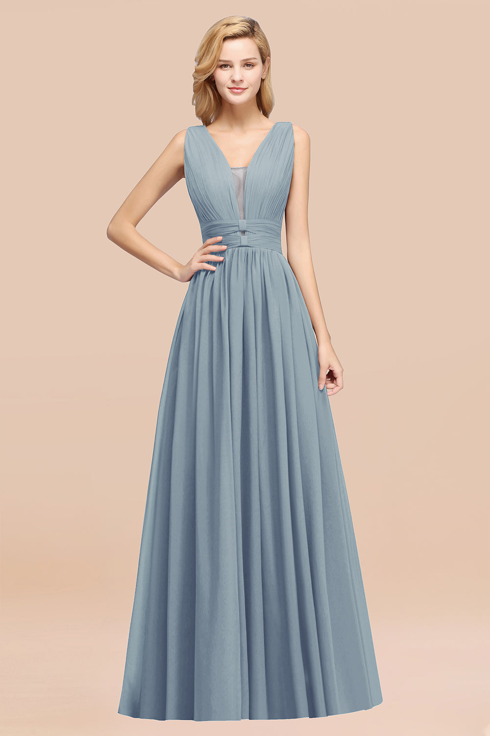Modest Dark Green Long Bridesmaid Dress Deep V-Neck Chiffon Maid of Honor Dress