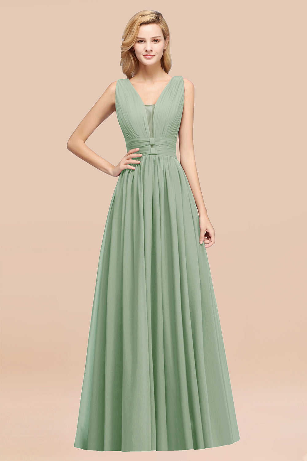 Modest Dark Green Long Bridesmaid Dress Deep V-Neck Chiffon Maid of Honor Dress
