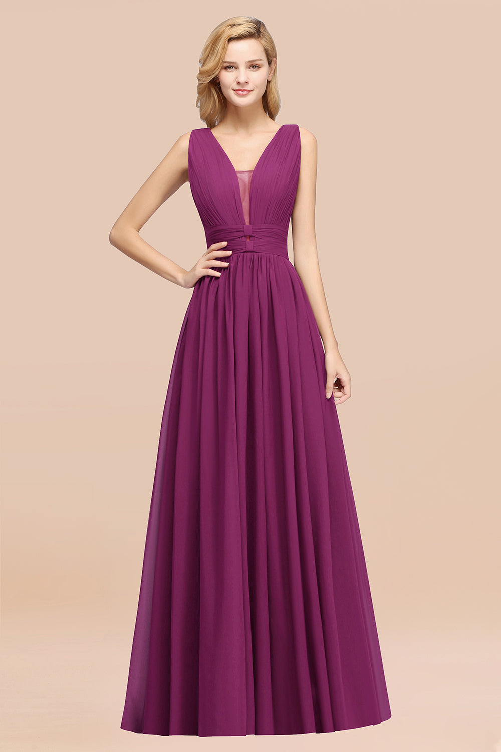 Modest Dark Green Long Bridesmaid Dress Deep V-Neck Chiffon Maid of Honor Dress