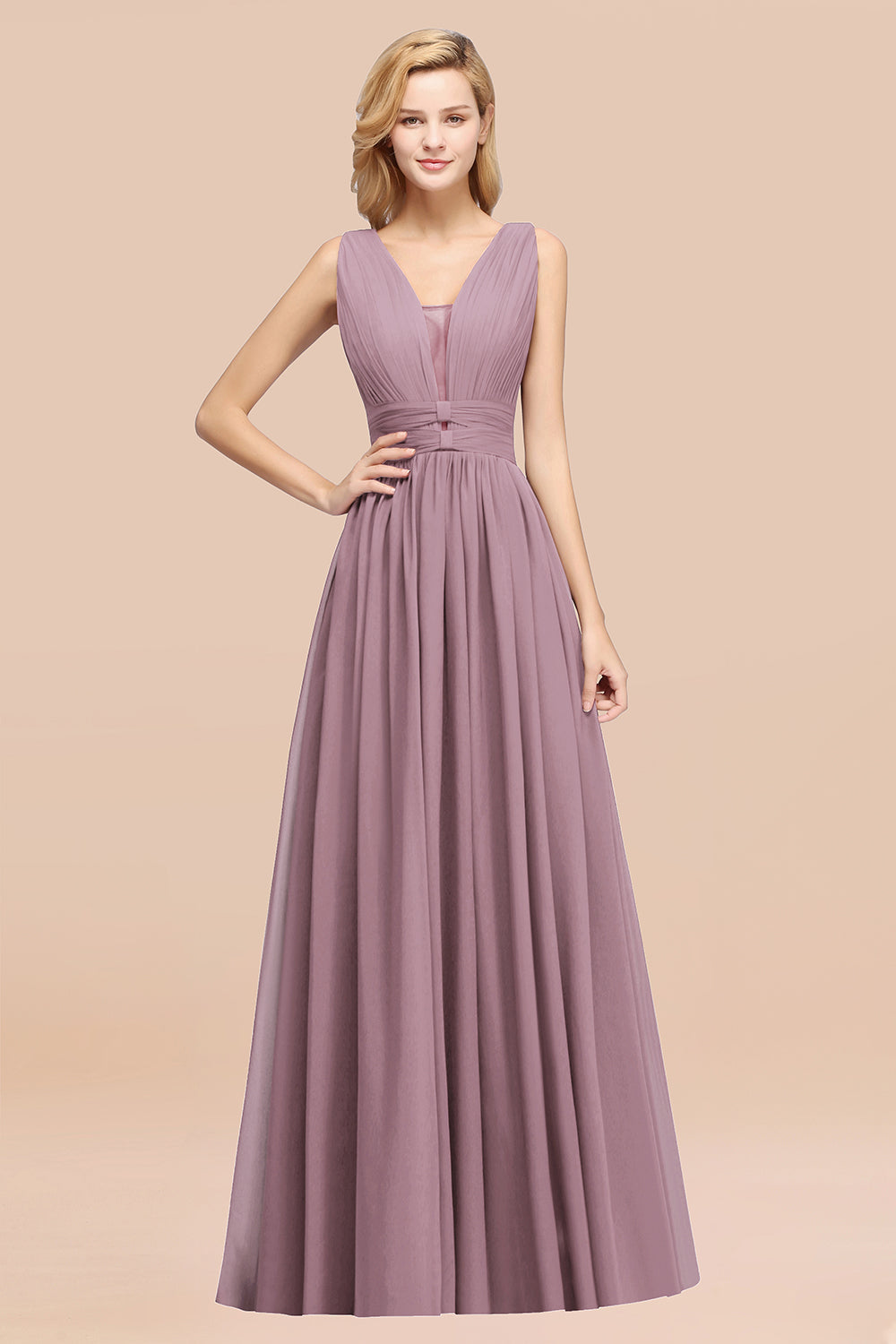 Modest Dark Green Long Bridesmaid Dress Deep V-Neck Chiffon Maid of Honor Dress