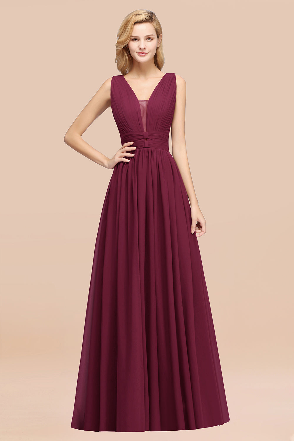 Modest Dark Green Long Bridesmaid Dress Deep V-Neck Chiffon Maid of Honor Dress
