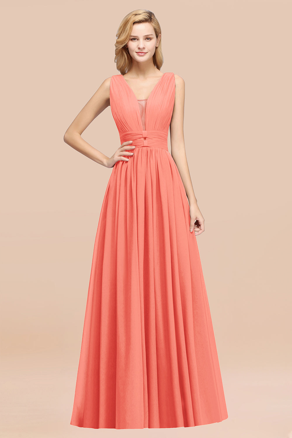 Modest Dark Green Long Bridesmaid Dress Deep V-Neck Chiffon Maid of Honor Dress