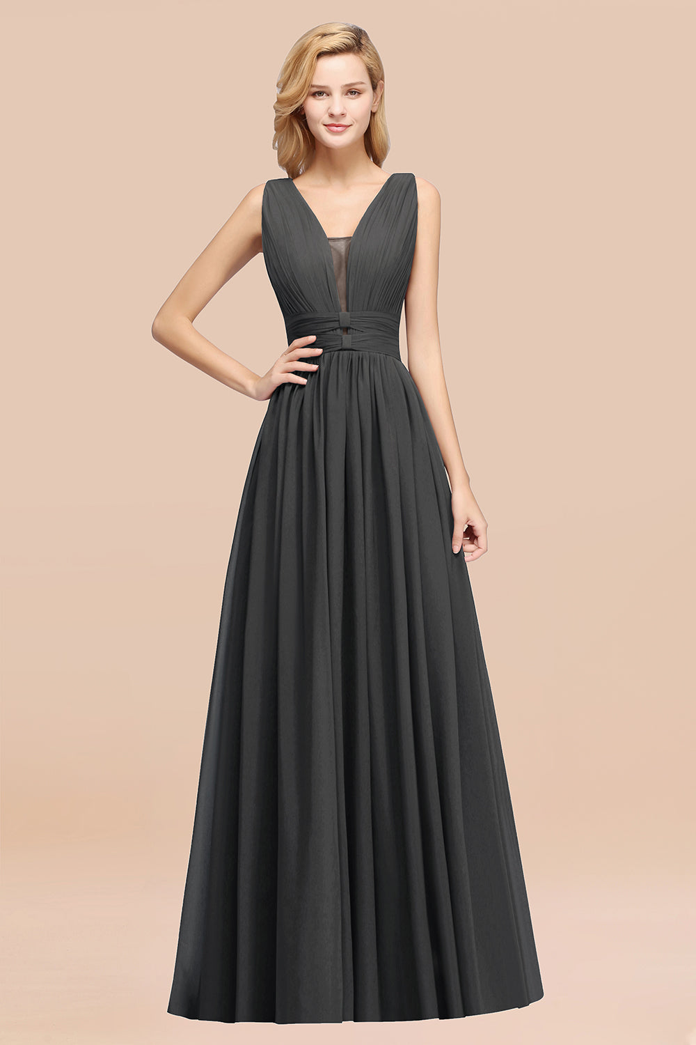 Modest Dark Green Long Bridesmaid Dress Deep V-Neck Chiffon Maid of Honor Dress
