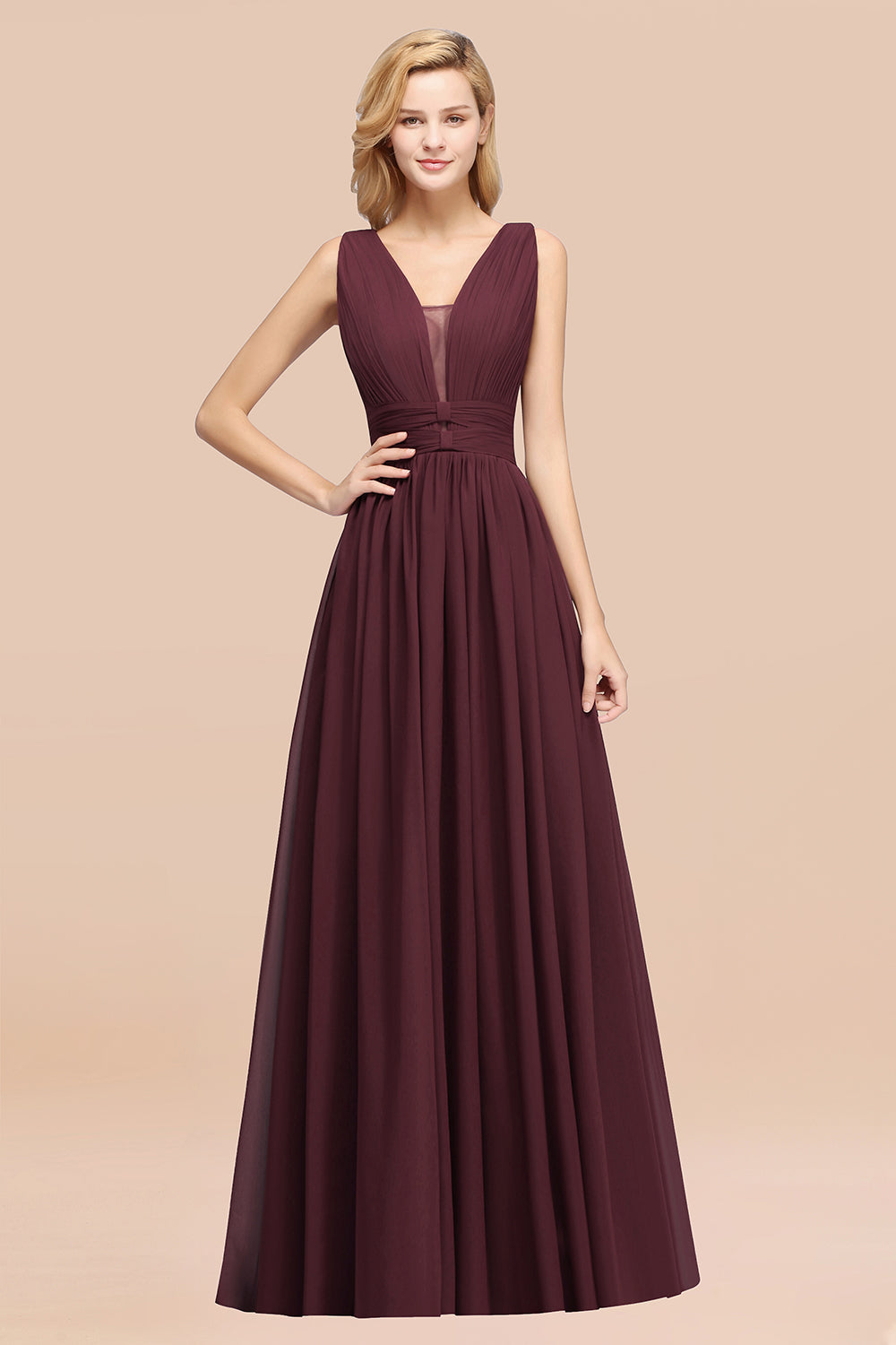 Modest Dark Green Long Bridesmaid Dress Deep V-Neck Chiffon Maid of Honor Dress