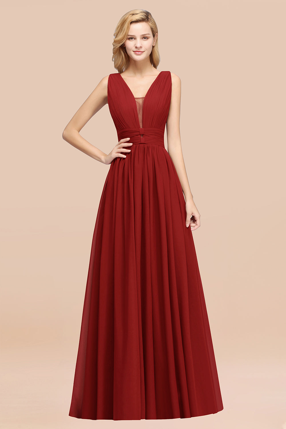 Modest Dark Green Long Bridesmaid Dress Deep V-Neck Chiffon Maid of Honor Dress