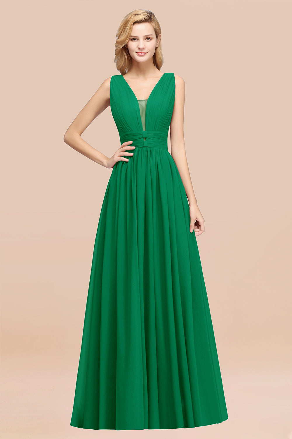 Modest Dark Green Long Bridesmaid Dress Deep V-Neck Chiffon Maid of Honor Dress