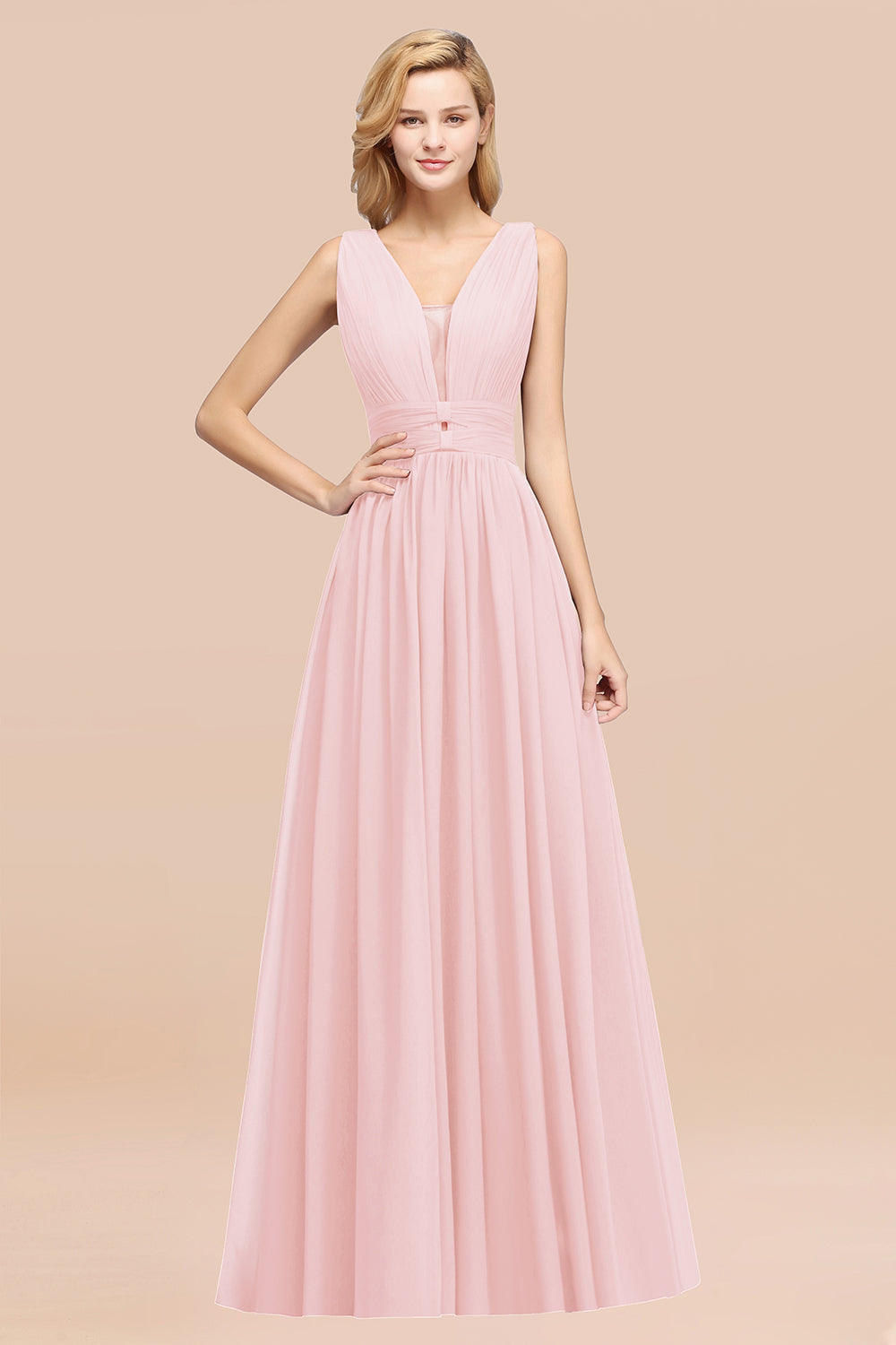 Modest Dark Green Long Bridesmaid Dress Deep V-Neck Chiffon Maid of Honor Dress
