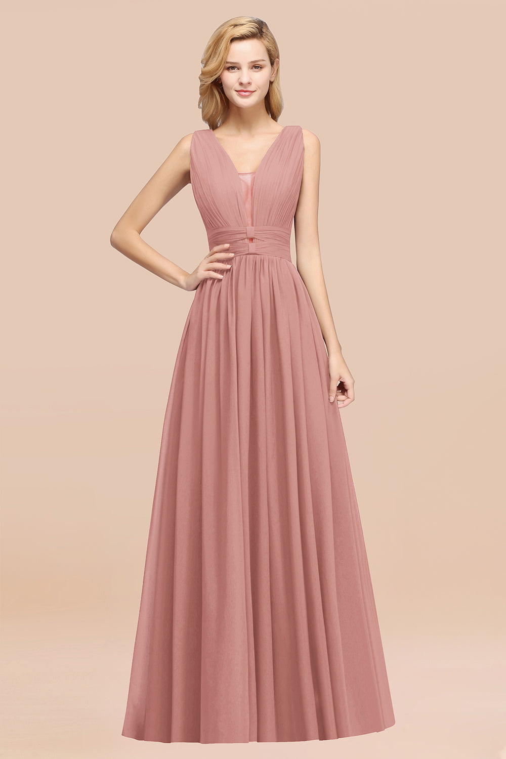 Modest Dark Green Long Bridesmaid Dress Deep V-Neck Chiffon Maid of Honor Dress