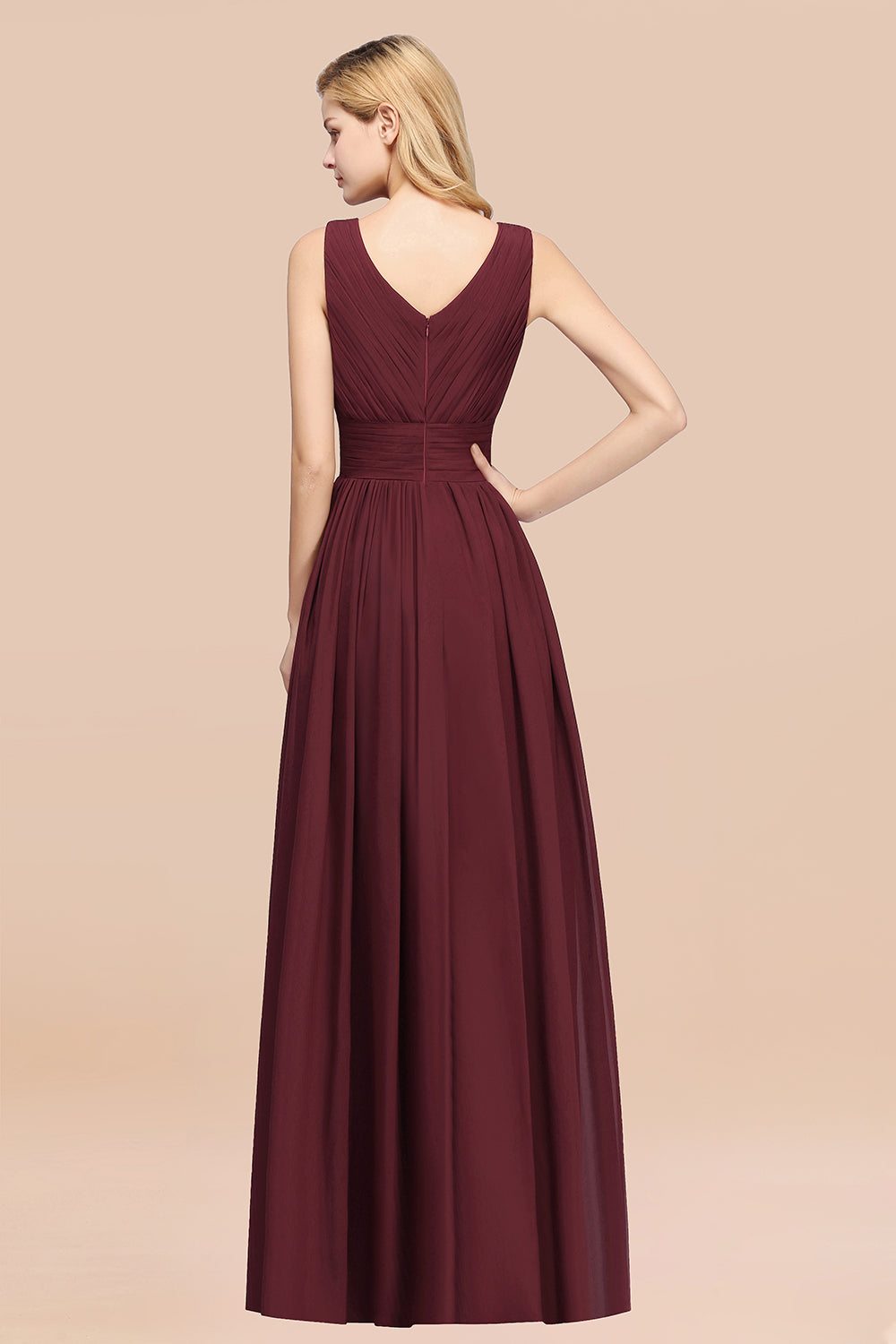Modest Dark Green Long Bridesmaid Dress Deep V-Neck Chiffon Maid of Honor Dress