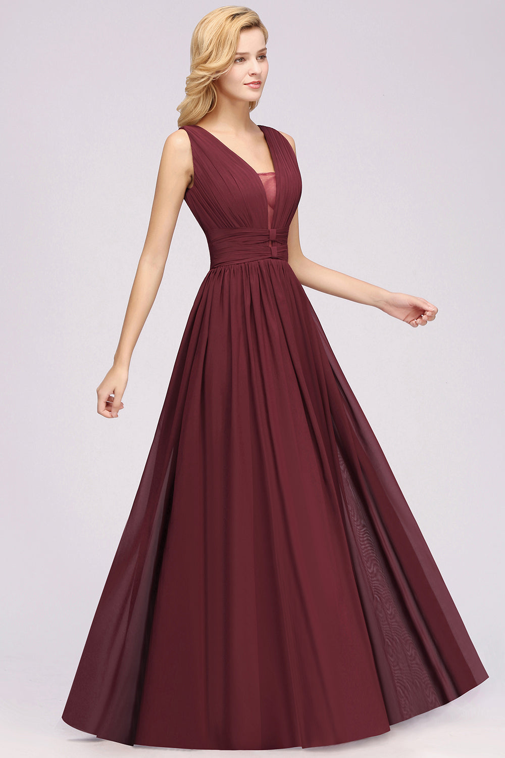 Modest Dark Green Long Bridesmaid Dress Deep V-Neck Chiffon Maid of Honor Dress