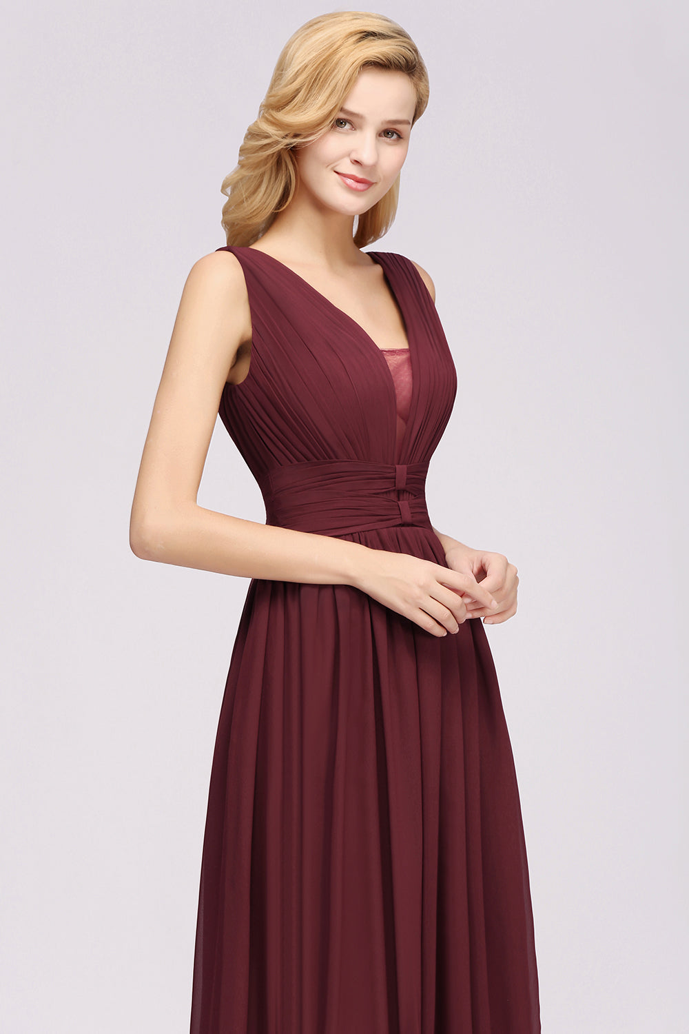 Modest Dark Green Long Bridesmaid Dress Deep V-Neck Chiffon Maid of Honor Dress