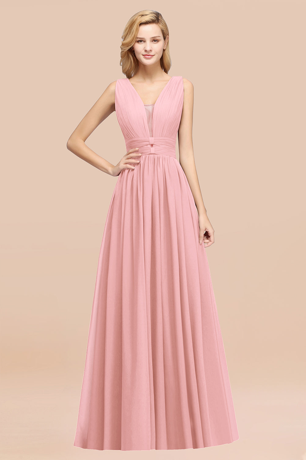 Modest Dark Green Long Bridesmaid Dress Deep V-Neck Chiffon Maid of Honor Dress