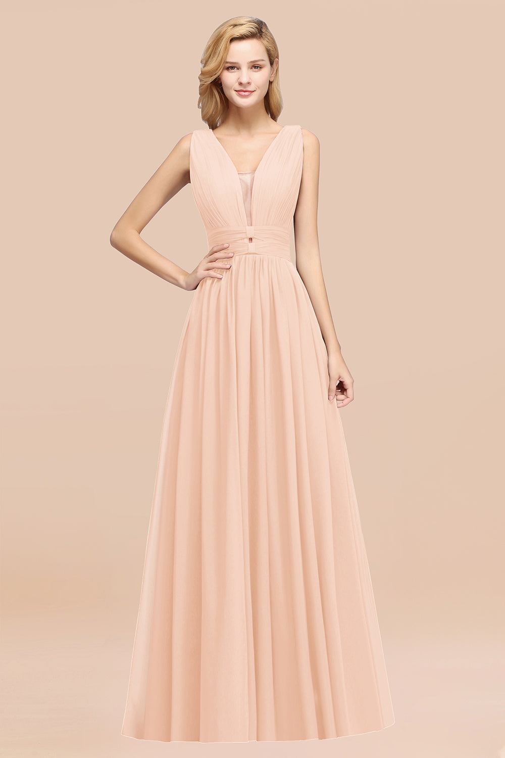 Modest Dark Green Long Bridesmaid Dress Deep V-Neck Chiffon Maid of Honor Dress