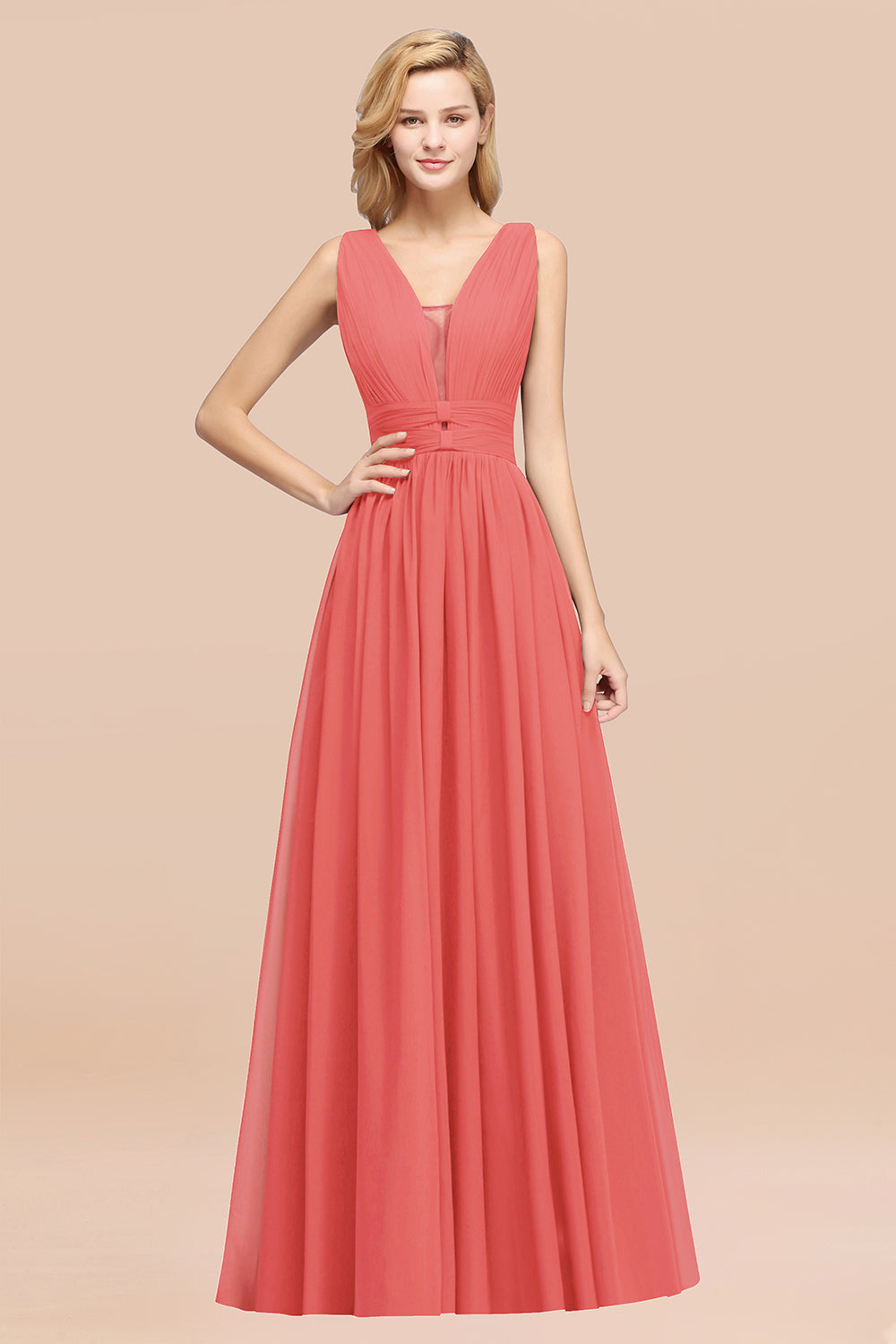 Modest Dark Green Long Bridesmaid Dress Deep V-Neck Chiffon Maid of Honor Dress