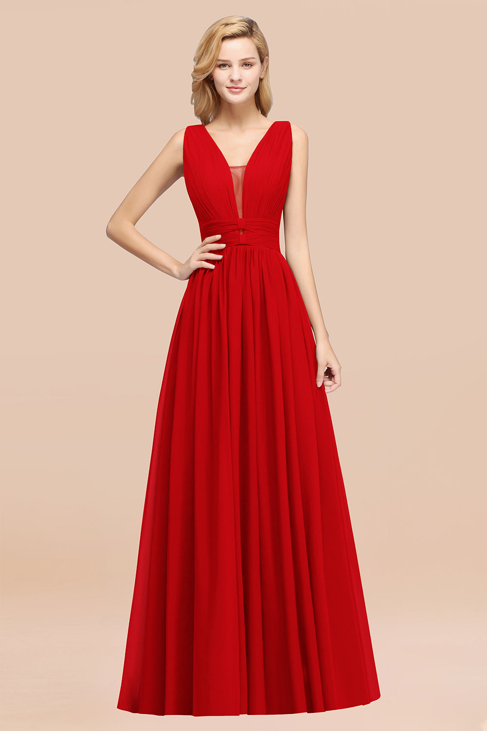 Modest Dark Green Long Bridesmaid Dress Deep V-Neck Chiffon Maid of Honor Dress
