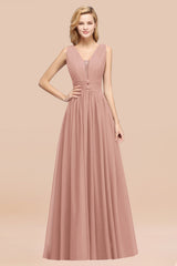 Modest Dark Green Long Bridesmaid Dress Deep V-Neck Chiffon Maid of Honor Dress