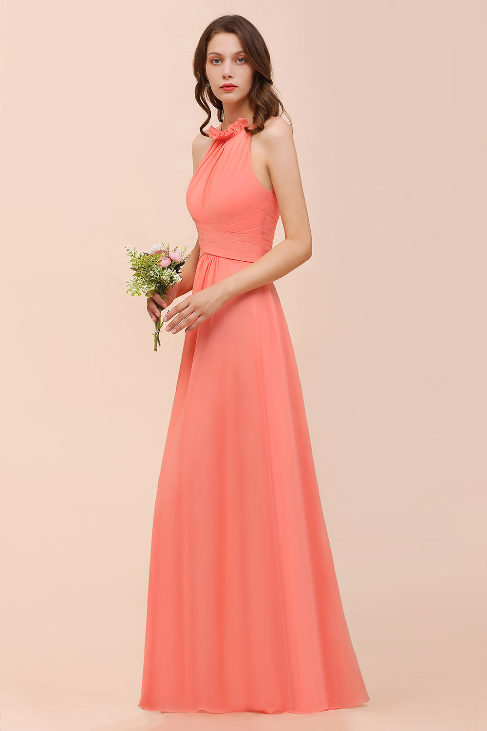Modest Halter Ruffle Coral Chiffon Affordable Bridesmaid Dresses – Newinlook Modest Halter Ruffle Coral Chiffon Affordable Bridesmaid Dresses – Newinlook