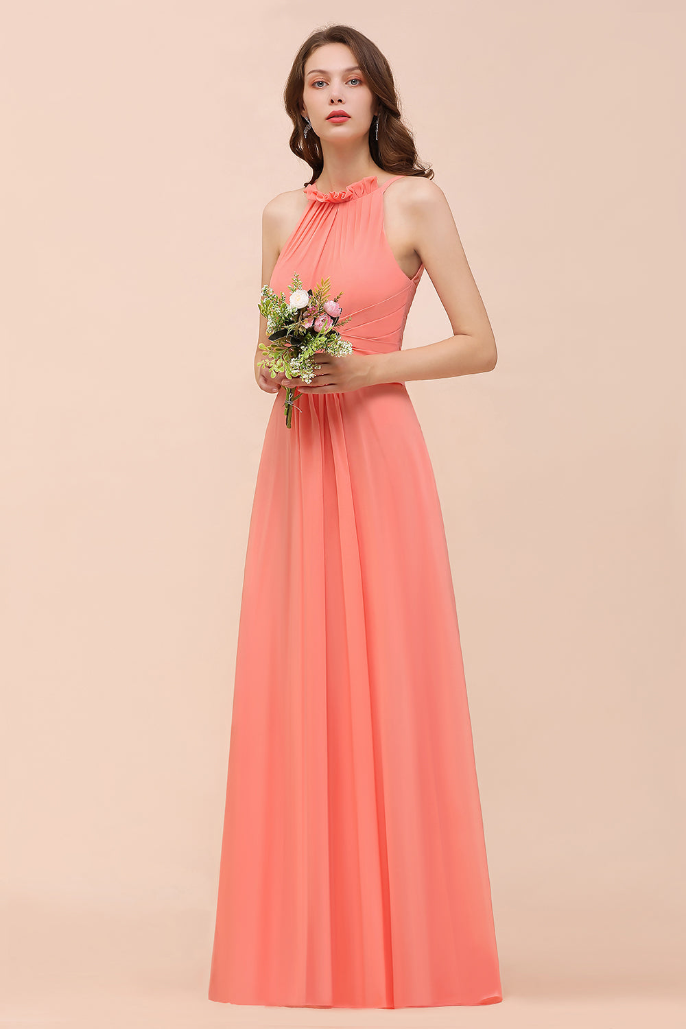 Modest Halter Ruffle Coral Chiffon Affordable Bridesmaid Dress Online
