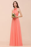 Modest Halter Ruffle Coral Chiffon Affordable Bridesmaid Dress Online
