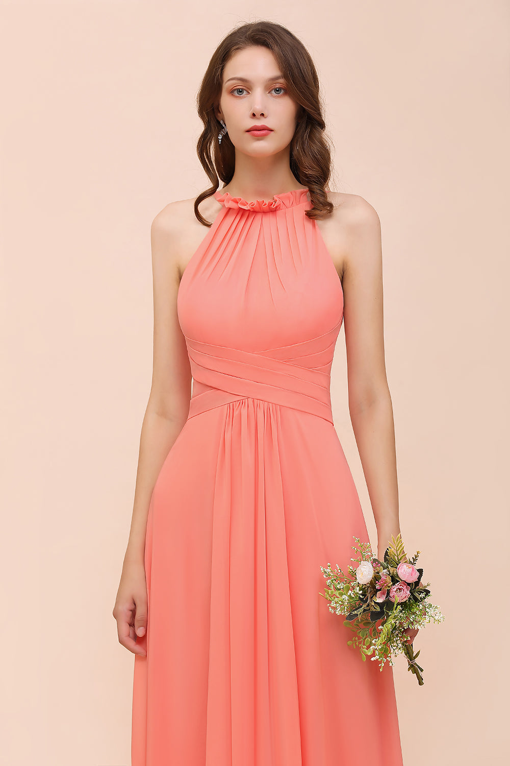 Modest Halter Ruffle Coral Chiffon Affordable Bridesmaid Dress Online
