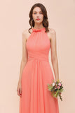 Modest Halter Ruffle Coral Chiffon Affordable Bridesmaid Dress Online