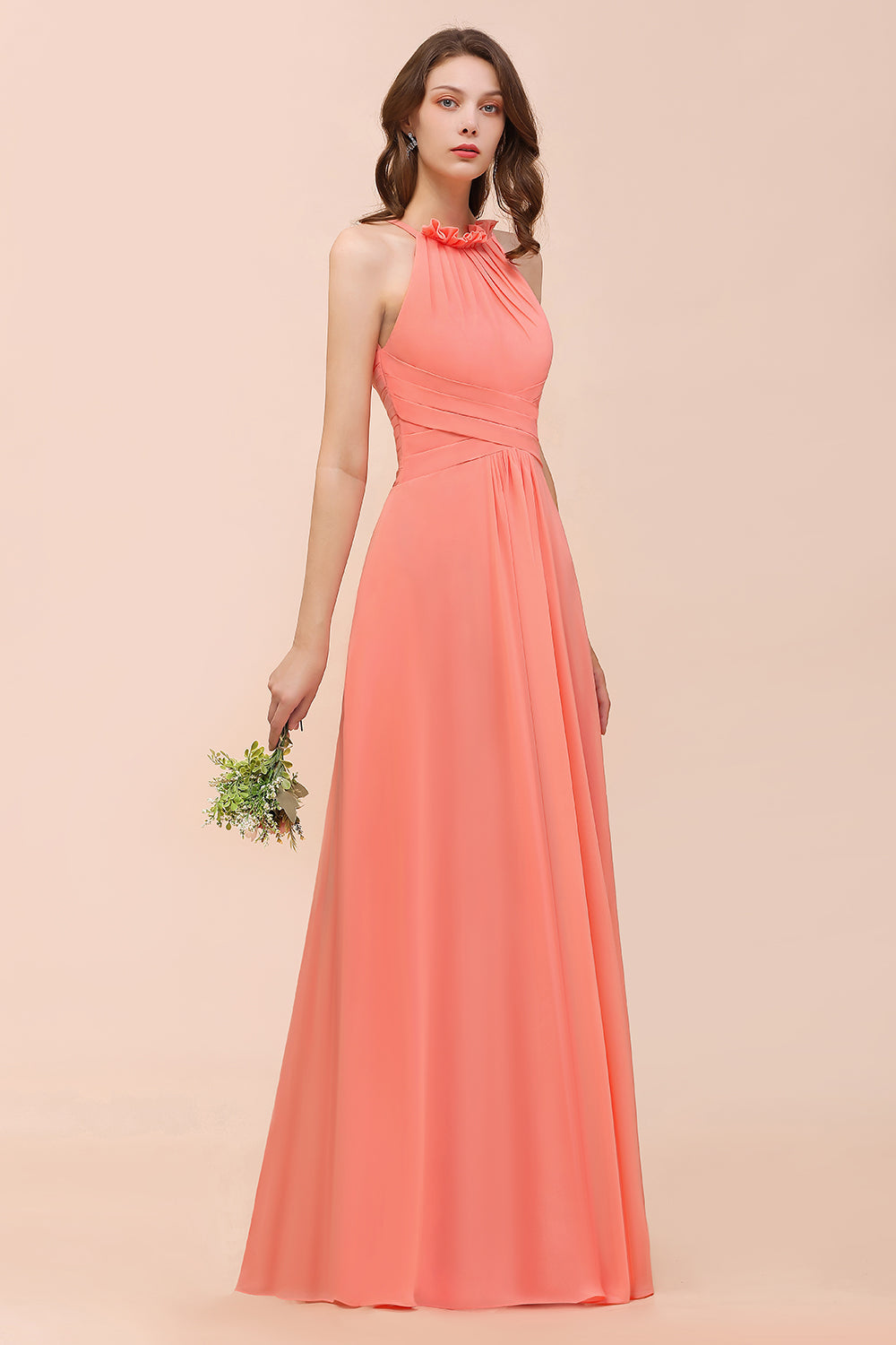 Modest Halter Ruffle Coral Chiffon Affordable Bridesmaid Dress Online