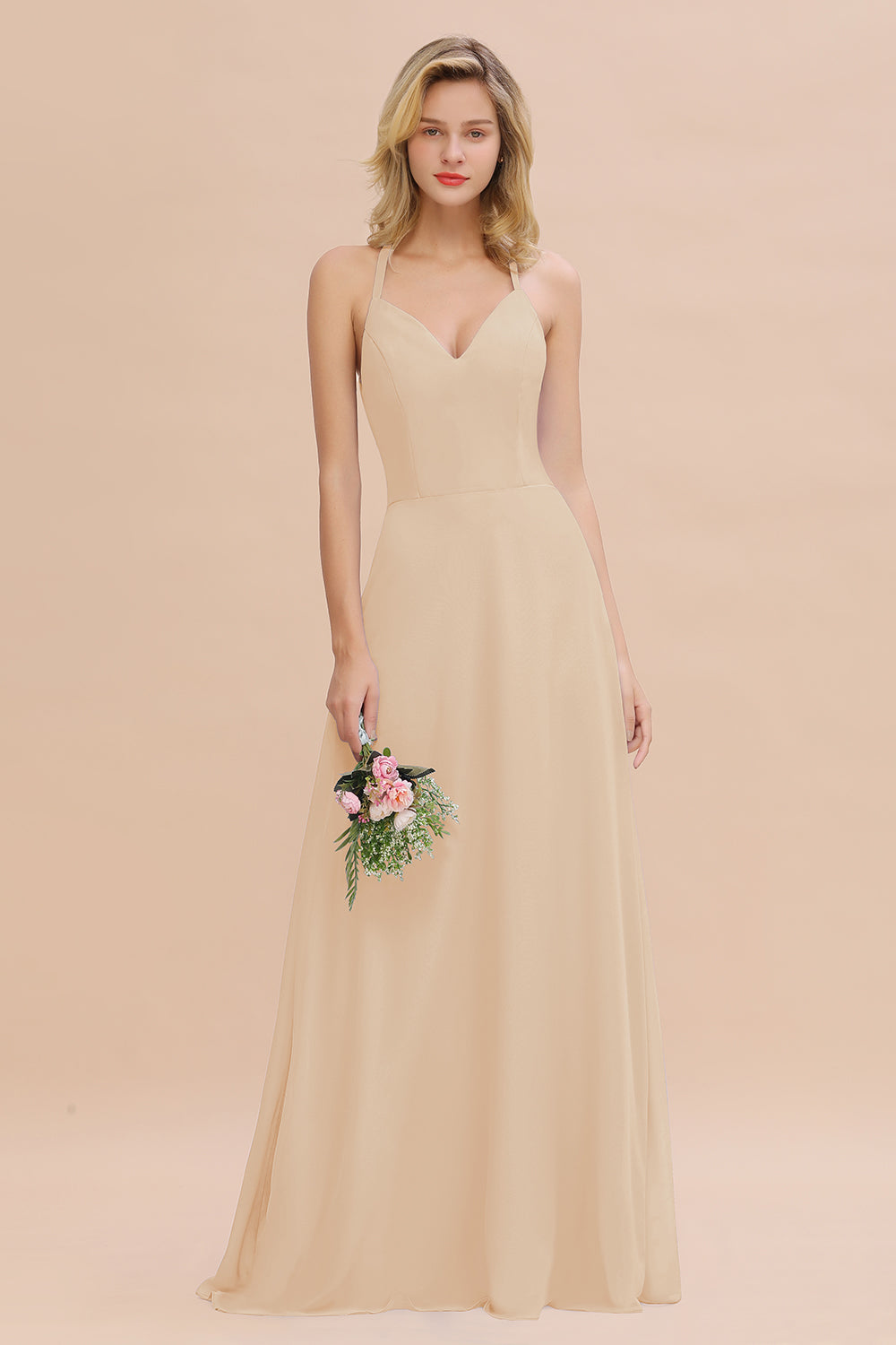 Modest Halter V-Neck Sleeveless Long Bridesmaid Dresses Online