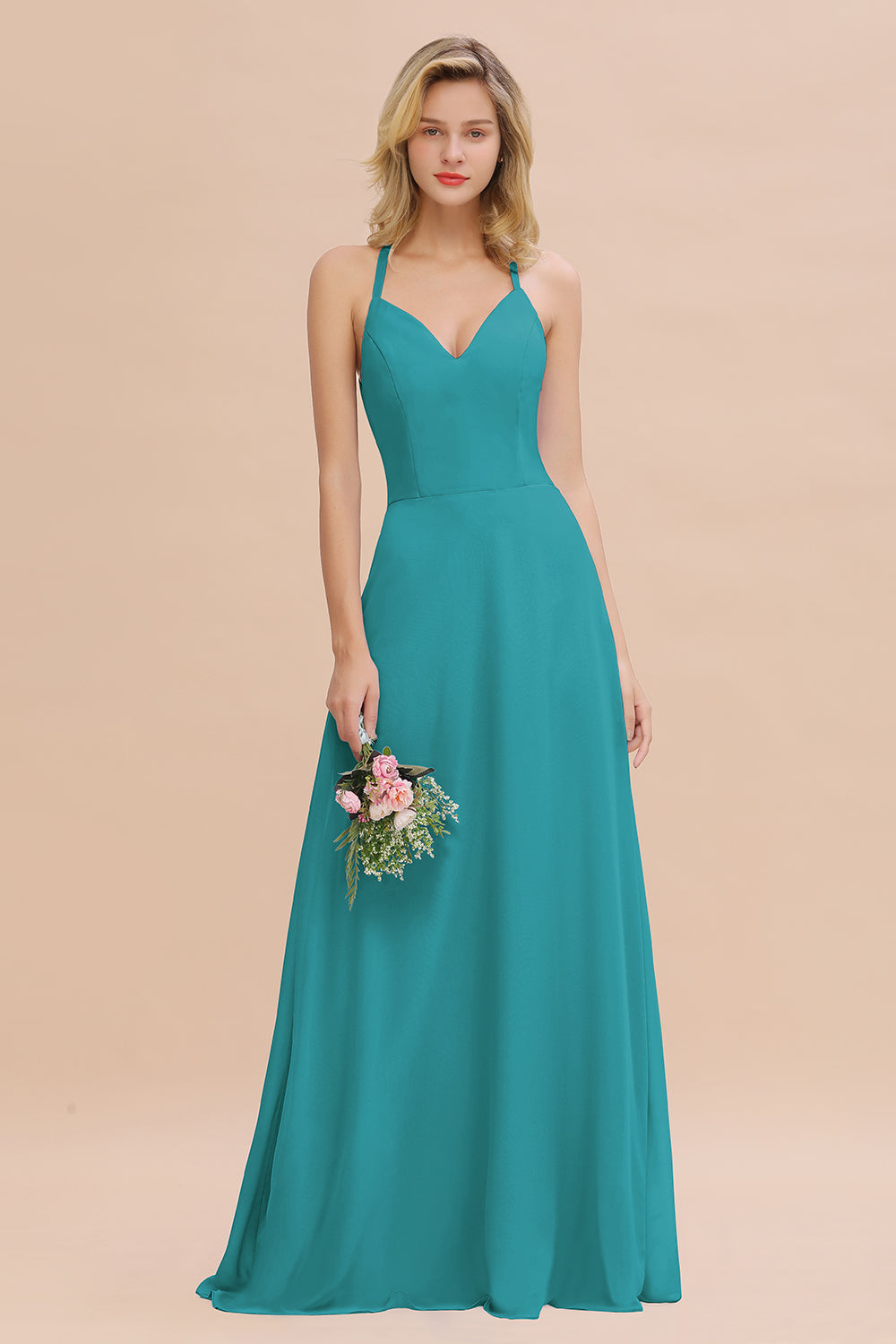 Modest Halter V-Neck Sleeveless Long Bridesmaid Dresses Online