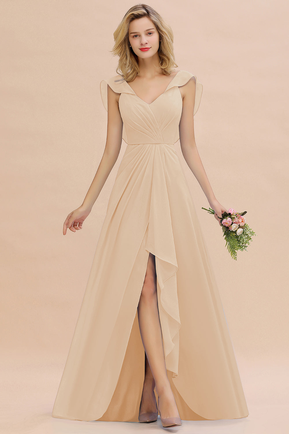 Modest Hi-Lo V-Neck Ruffle Long Bridesmaid Dresses with Slit Newinlook Modest Hi-Lo V-Neck Ruffle Long Bridesmaid Dresses with Slit Newinlook