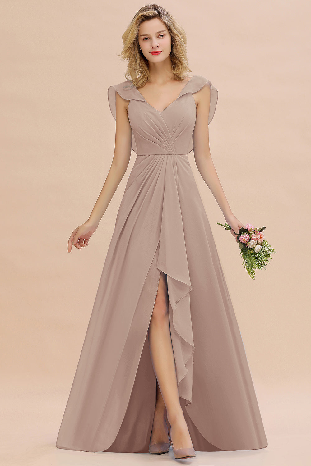 Modest Hi-Lo V-Neck Ruffle Long Bridesmaid Dresses with Slit Newinlook Modest Hi-Lo V-Neck Ruffle Long Bridesmaid Dresses with Slit Newinlook