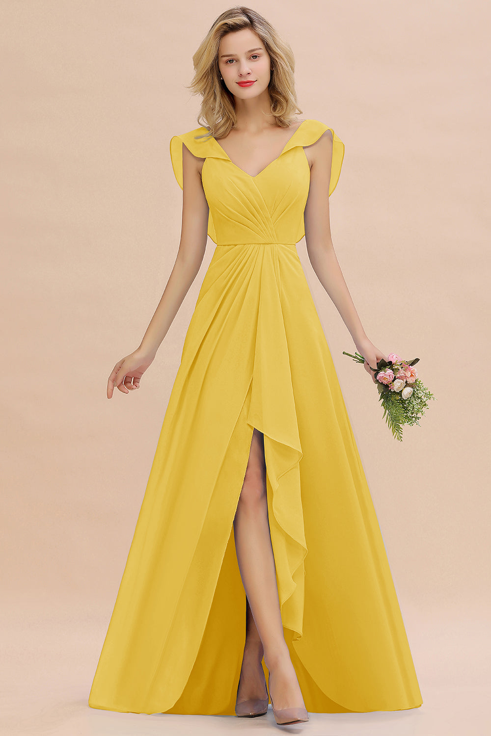 Modest Hi-Lo V-Neck Ruffle Long Bridesmaid Dresses with Slit – Newinlook