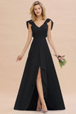 Modest Hi-Lo V-Neck Ruffle Long Bridesmaid Dress with Slit