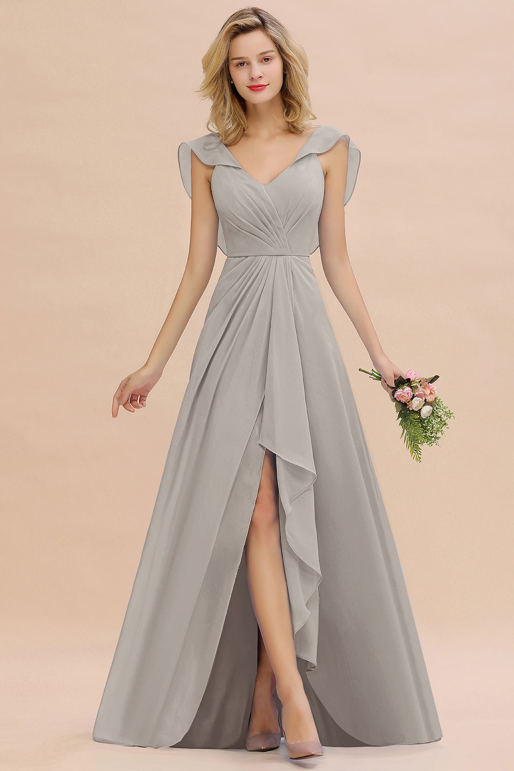 Modest Hi-Lo V-Neck Ruffle Long Bridesmaid Dresses with Slit – Newinlook