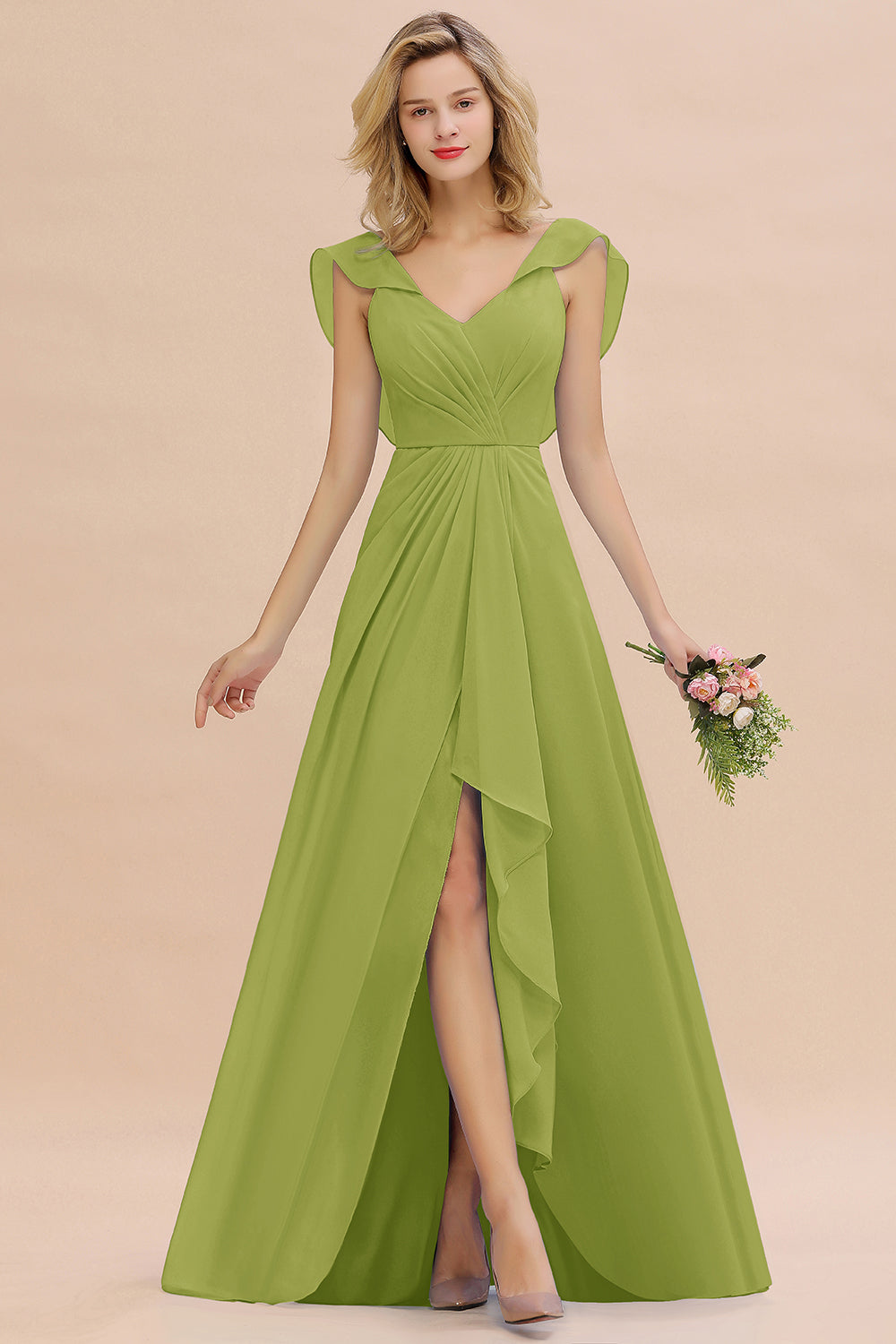 Modest Hi-Lo V-Neck Ruffle Long Bridesmaid Dresses with Slit – Newinlook