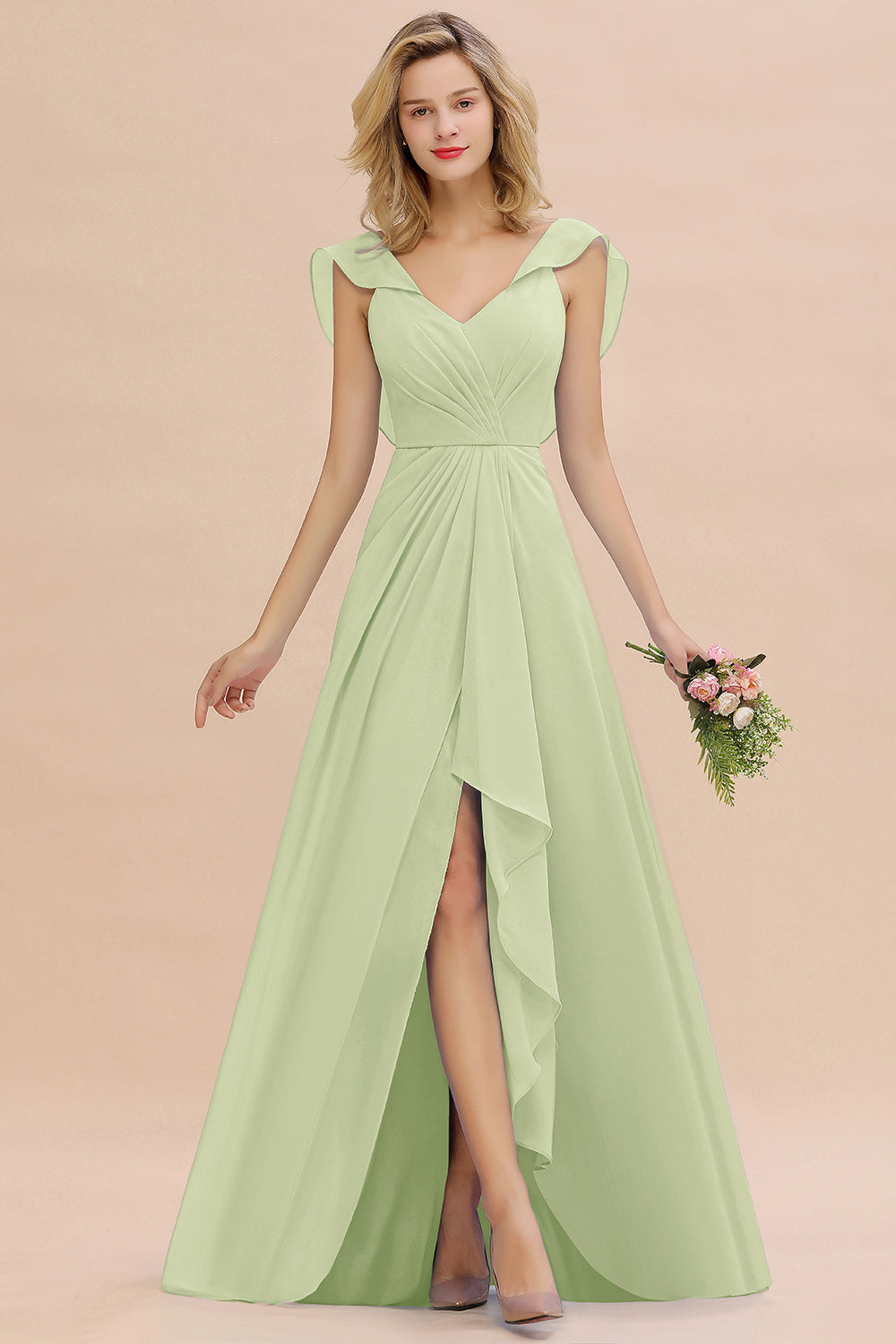 Modest Hi-Lo V-Neck Ruffle Long Bridesmaid Dresses with Slit Newinlook Modest Hi-Lo V-Neck Ruffle Long Bridesmaid Dresses with Slit Newinlook