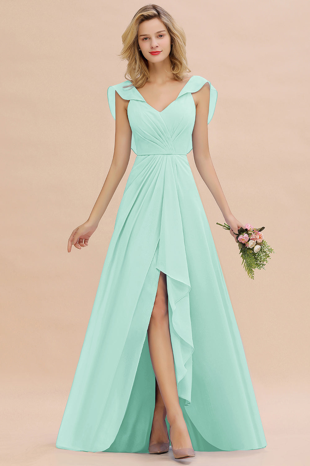 Modest Hi-Lo V-Neck Ruffle Long Bridesmaid Dresses with Slit – Newinlook