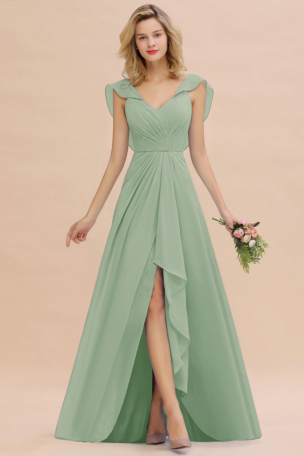 Modest Hi-Lo V-Neck Ruffle Long Bridesmaid Dresses with Slit Newinlook Modest Hi-Lo V-Neck Ruffle Long Bridesmaid Dresses with Slit Newinlook